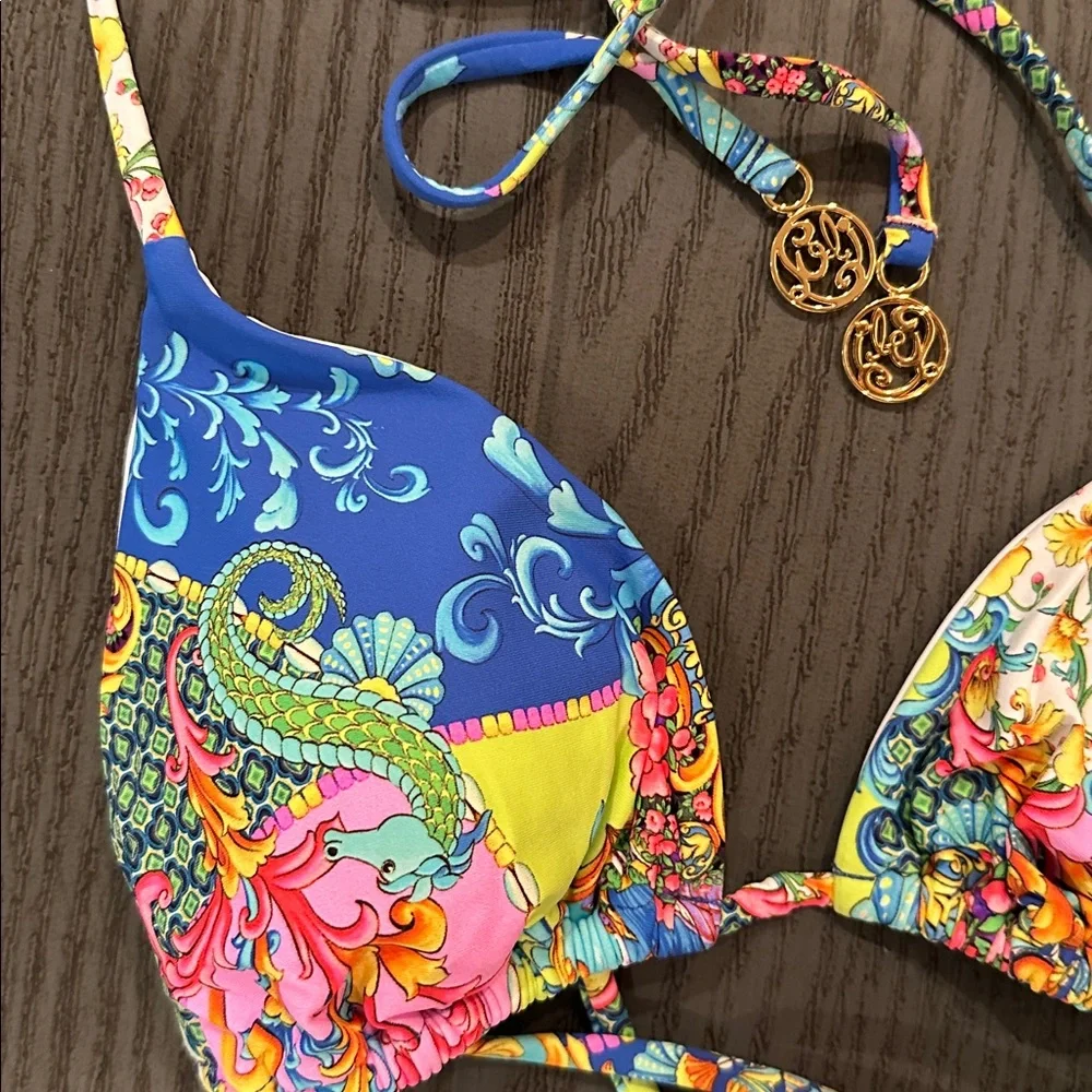 Luli Fama Vibrant Blue Pink Yellow Paisley Triangle Bikini - Picture 6 of 11